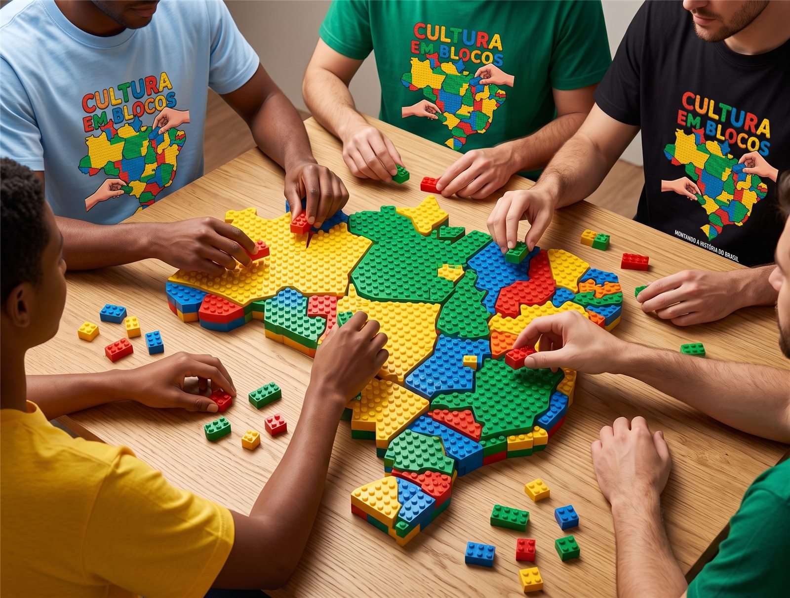 Grupo diverso, vestindo camisetas Cultura em Blocos, montando juntos um mapa do Brasil em blocos coloridos