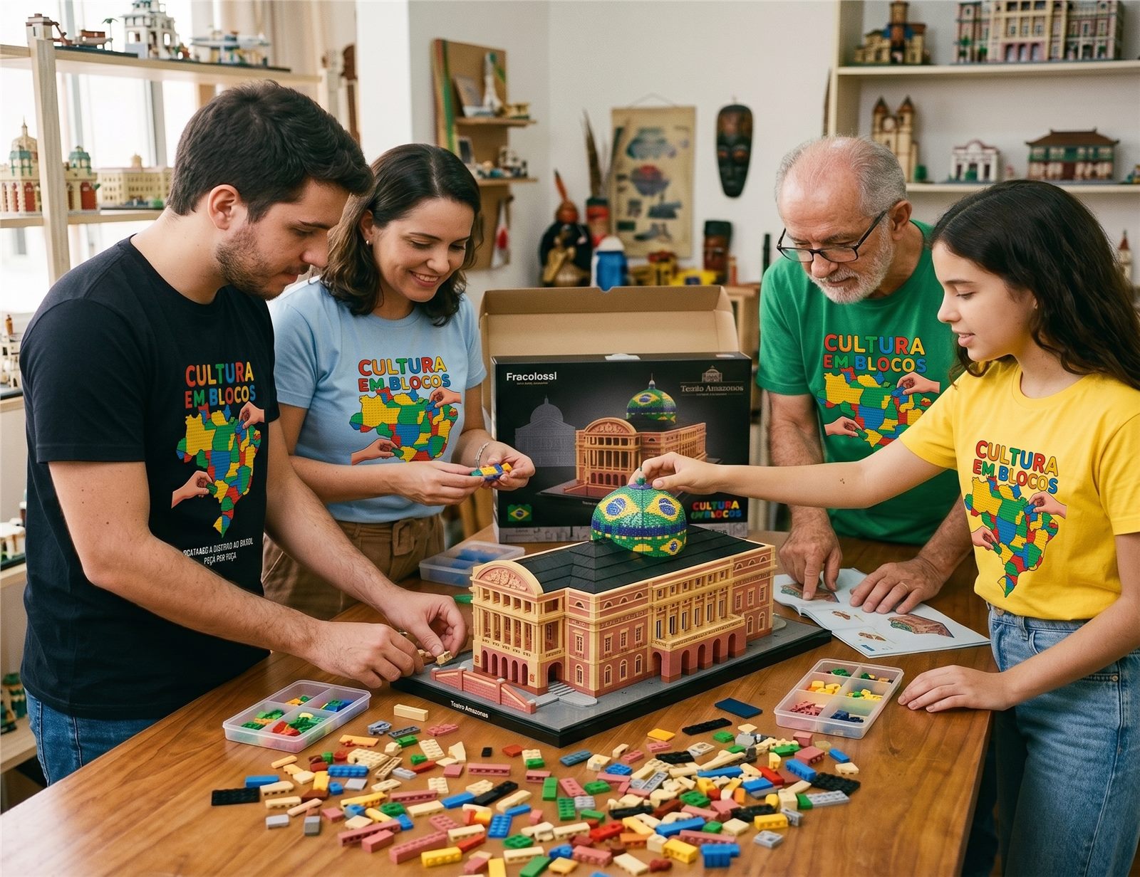 Família montando o kit do Teatro Amazonas, vestindo camisetas Cultura em Blocos