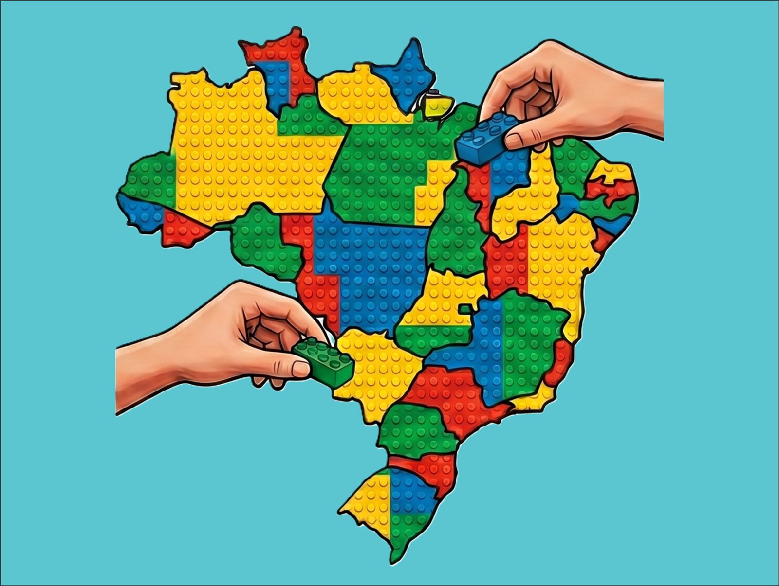 Ilustração do mapa do Brasil montado em blocos de montar coloridos